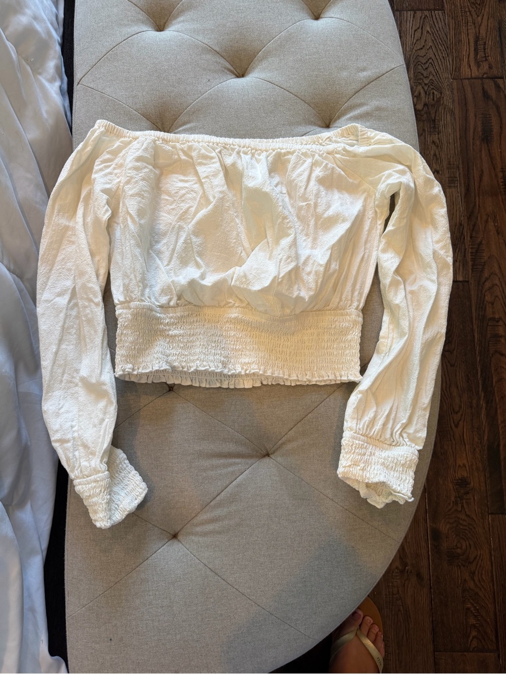 Cupshe Cream Off-Shoulder Smocked Crop Top